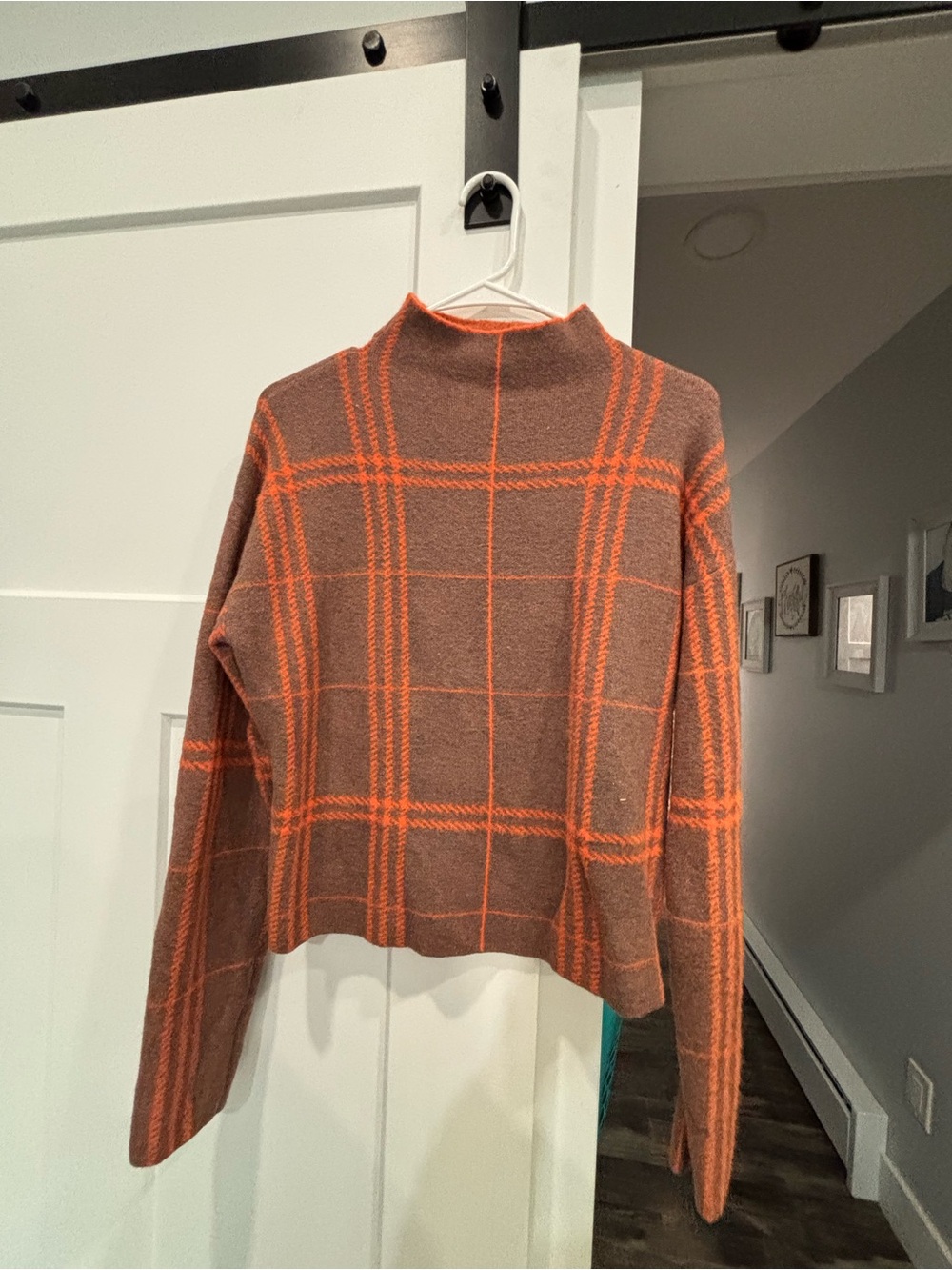 Tahari Brown Sweater with Orange Plaid Mock Neck
